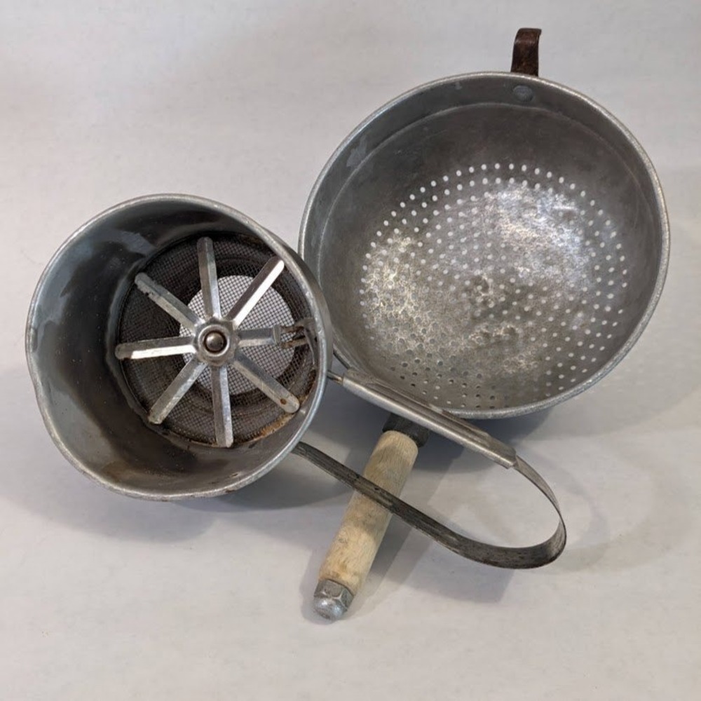 Vintage Aluminum Colander Wood Handle & Hand Crank Flour Sifter Kitchen Tool Set